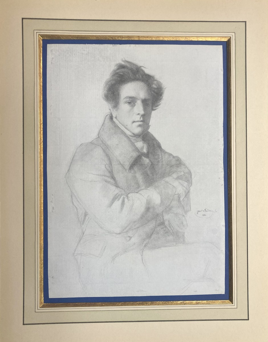 Flandrin Paul (1811-1902) "portrait Of A Man" Black Pencil Drawing, Signed And Dated, 19th Century Frame