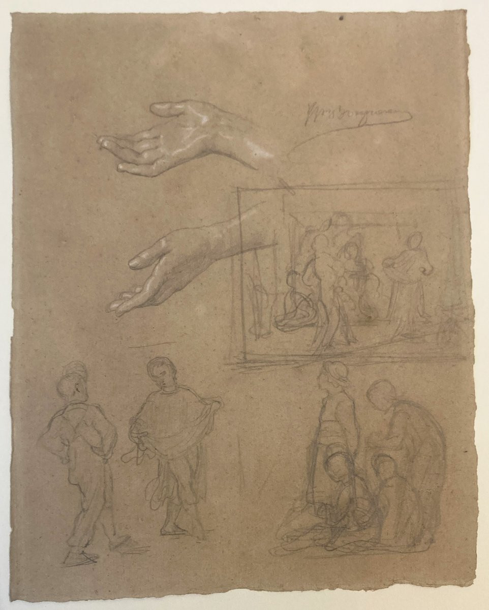 Bouguereau William (1825-1905) "study Of Characters & Hands" Drawing/black Pencil, White Chalk, Signed-photo-2