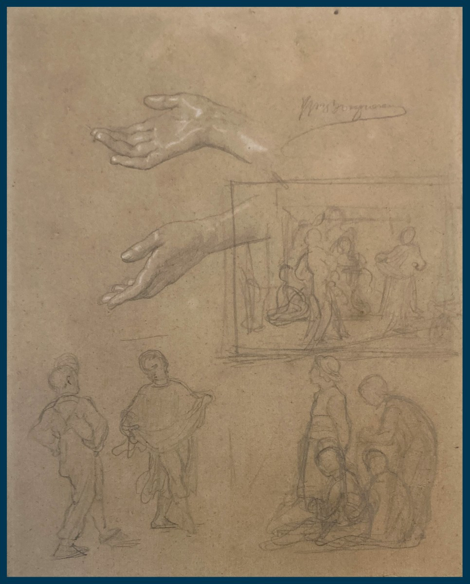 Bouguereau William (1825-1905) "study Of Characters & Hands" Drawing/black Pencil, White Chalk, Signed