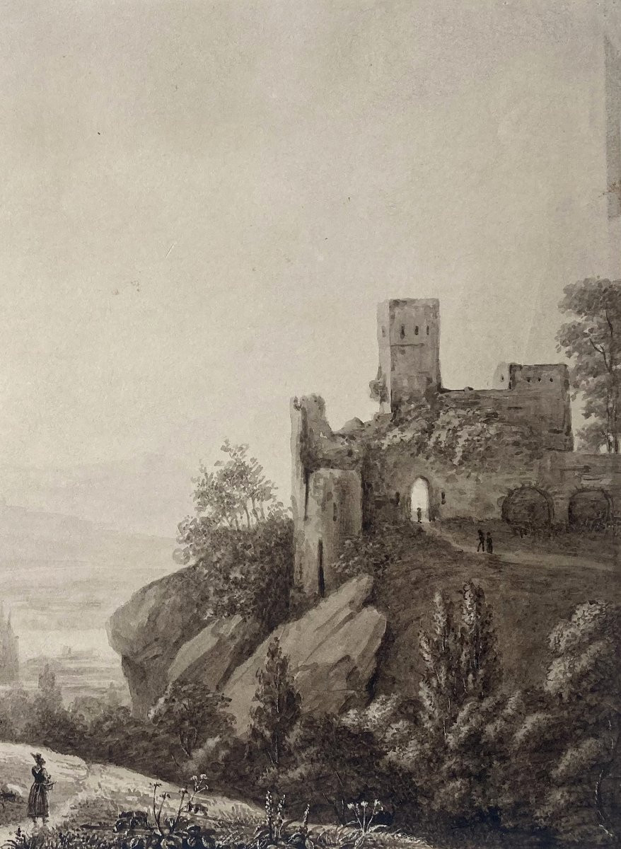 De l'Epinois Pierre (1779-1848) "animated Landscape" Brown Wash Drawing-photo-3