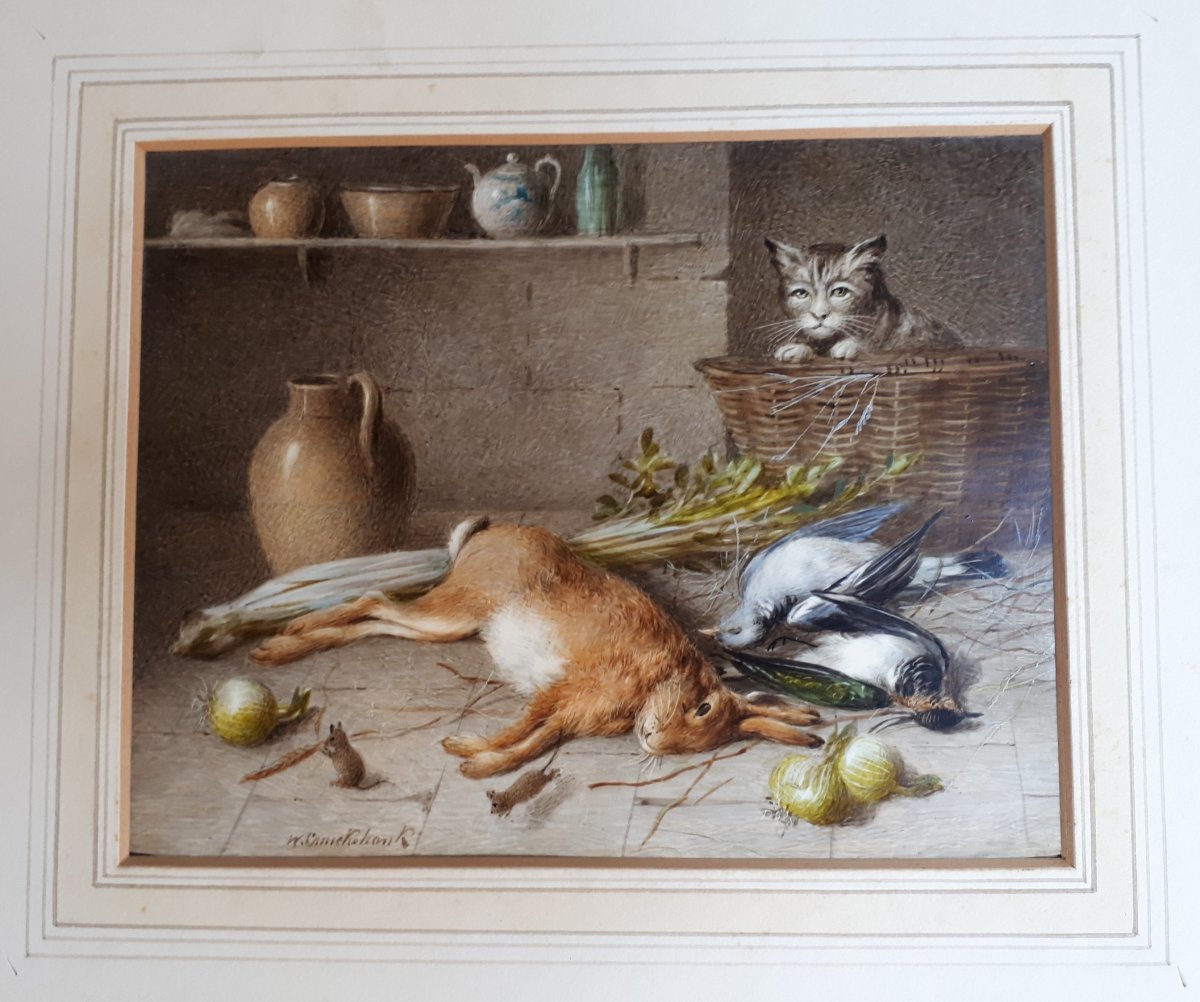 CRUICKSHANK William (1848-1922) "Nature morte et chat" Aquarelle sur papier ivoire, signée-photo-3