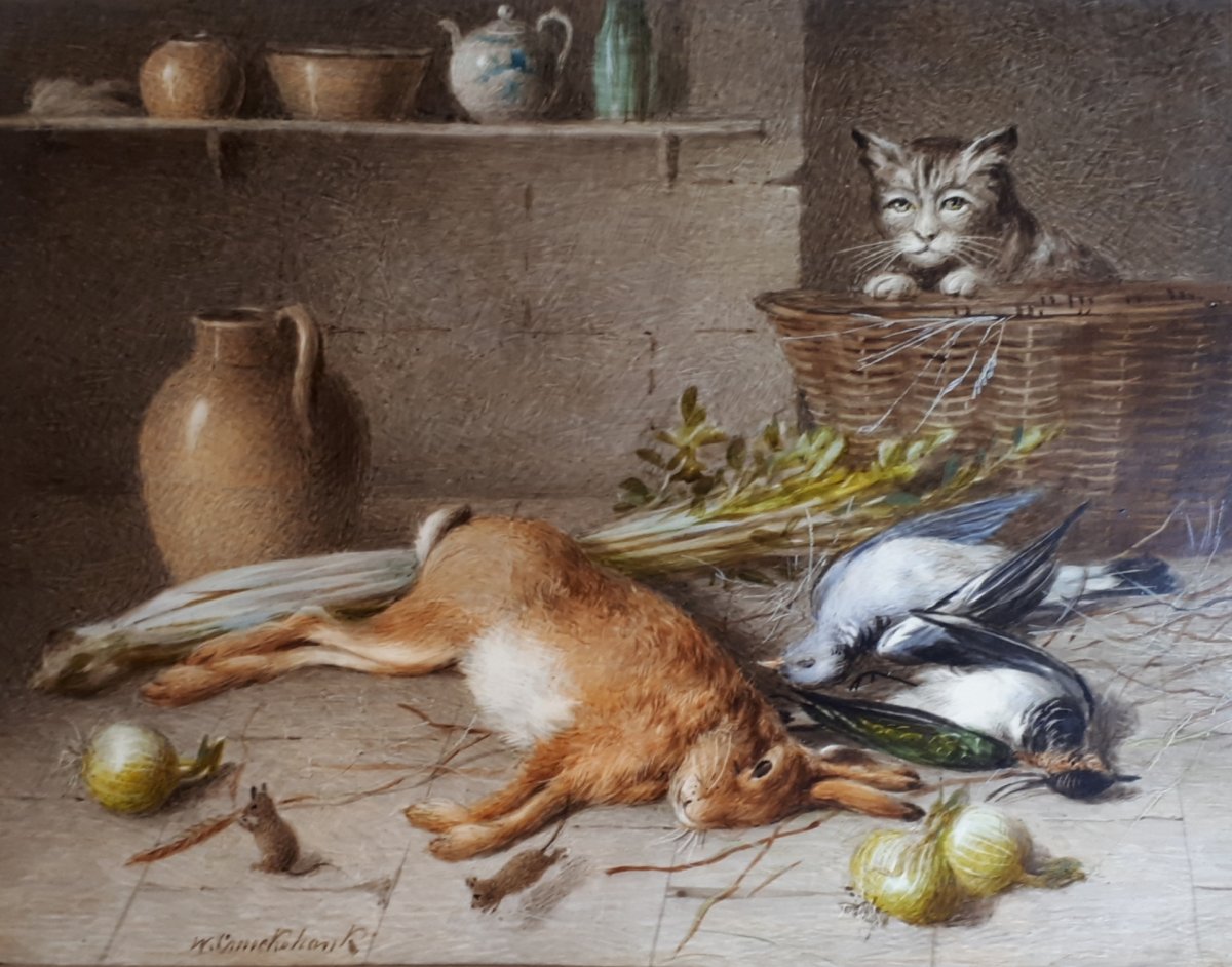 CRUICKSHANK William (1848-1922) "Nature morte et chat" Aquarelle sur papier ivoire, signée