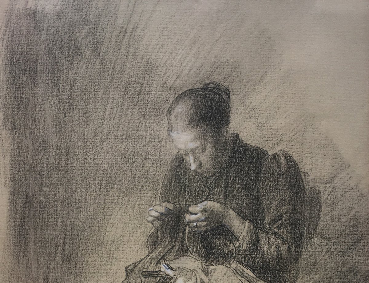 BRUNIER Joseph (1860-1929) "Femme à l'ouvrage" Dessin/Crayon noir, Signé au dos-photo-2