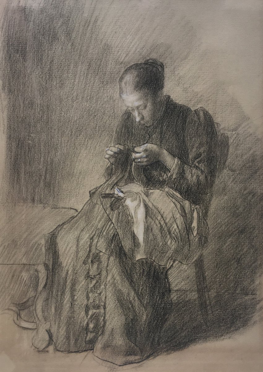 BRUNIER Joseph (1860-1929) "Femme à l'ouvrage" Dessin/Crayon noir, Signé au dos