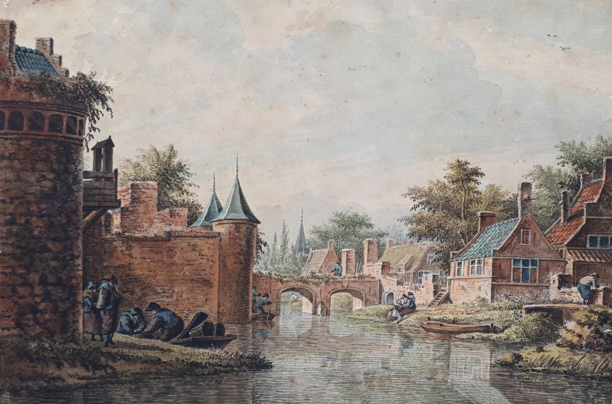 Verryk Dirk (1734-1786) Dutch School "characters By A River" Watercolor