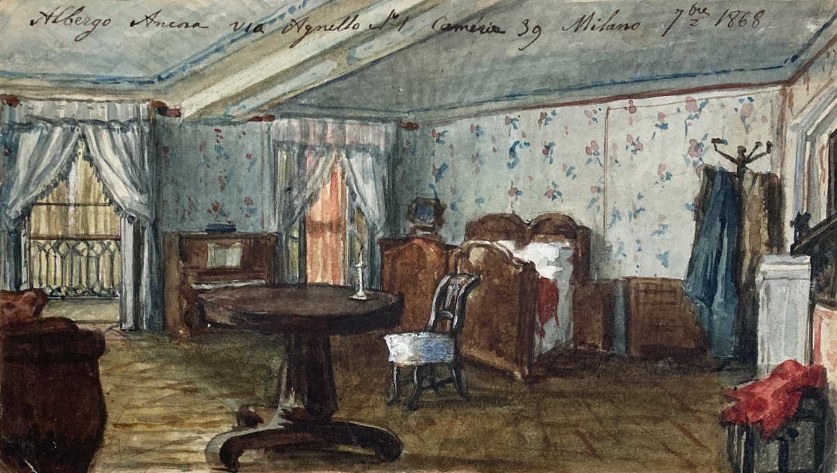 ECOLE ITALIENNE 19E "Albergo Ancona à Milan" Aquarelle, situé et daté