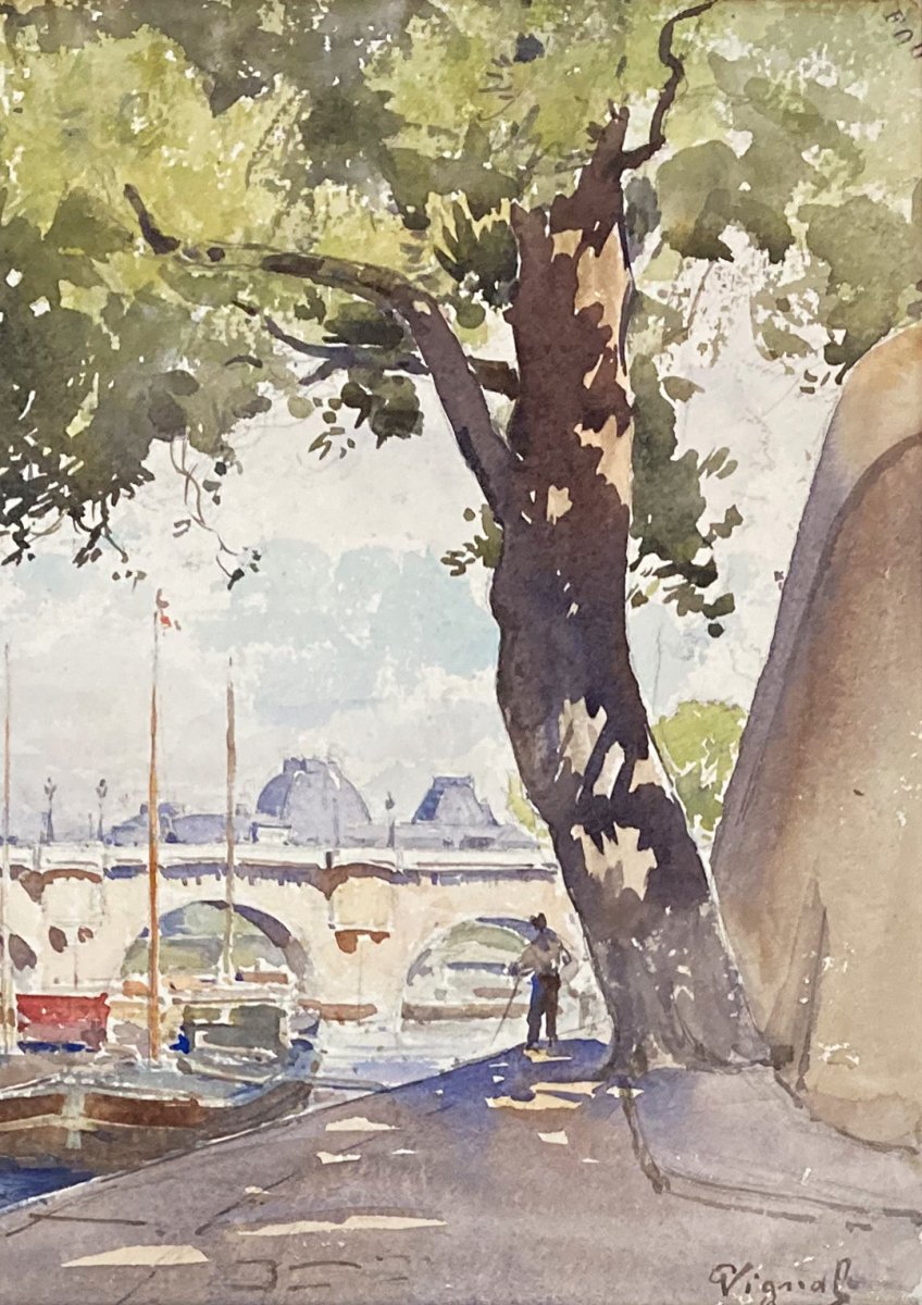 VIGNAL Pierre (1855-1925) "Les Quais à Paris" Aquarelle, signé-photo-3