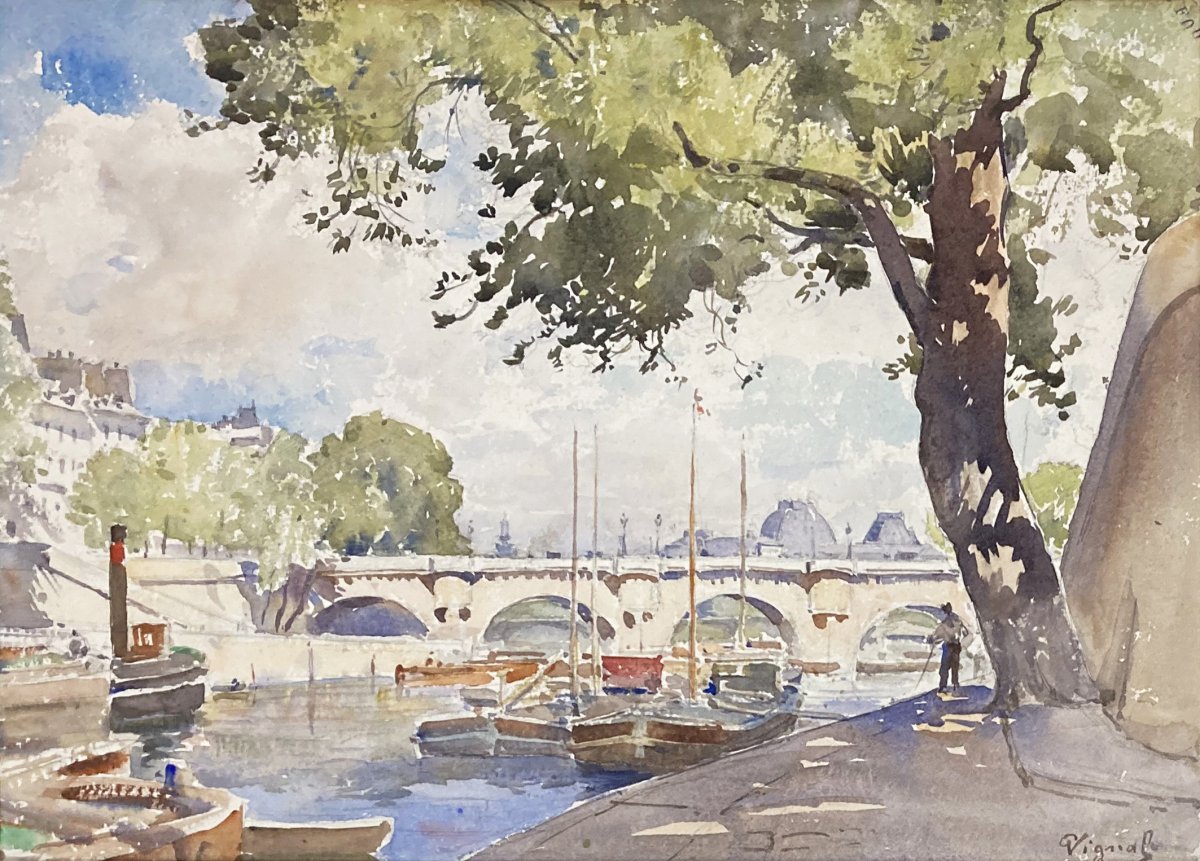 VIGNAL Pierre (1855-1925) "Les Quais à Paris" Aquarelle, signé