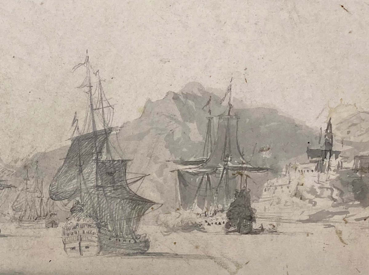 ECOLE FRANÇAISE VERS 1800 "Marine" Dessin/Pierre noire et lavis gris-photo-3