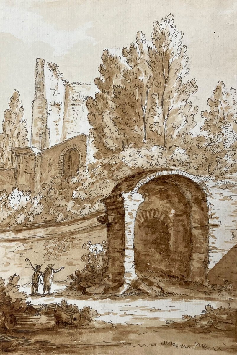 ACQUARONI Antonio (1780-1847) "Paysage italien" Dessin/Plume et lavis brun-photo-4