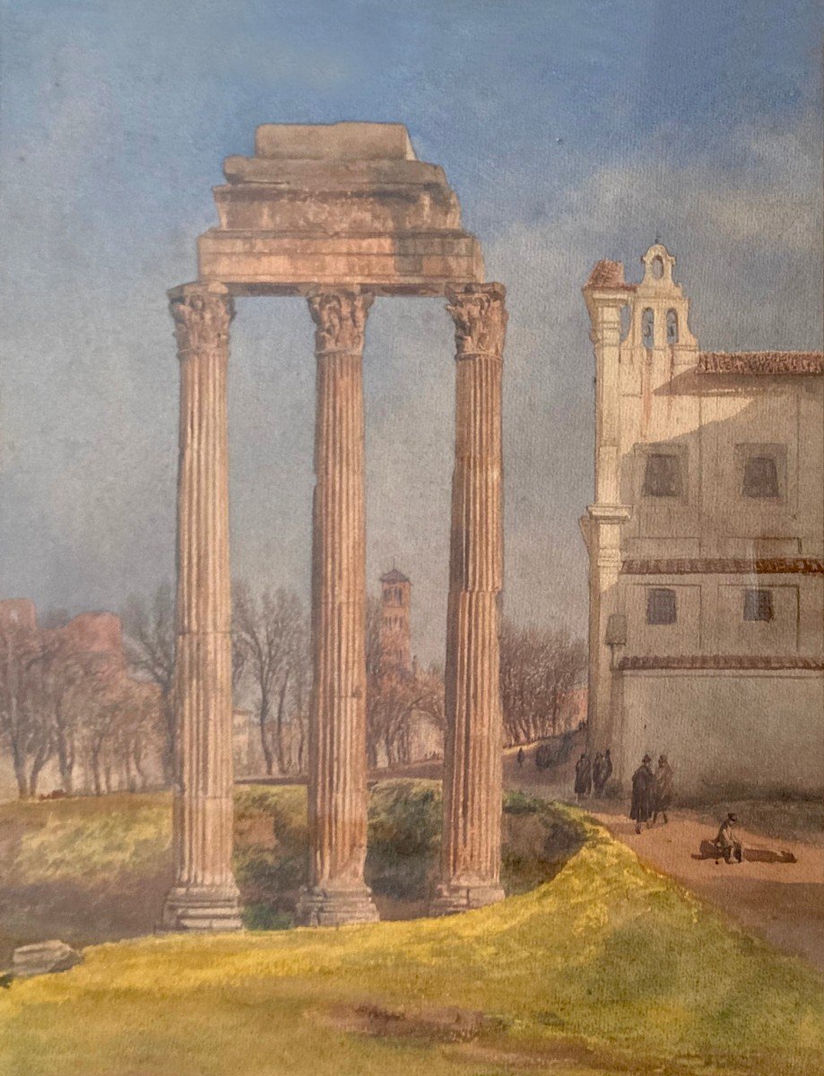 Girard Pierre (1806-1872) "three Columns Of The Temple Of Castor & Pollux" Watercolor, Annotated On The Back-photo-2