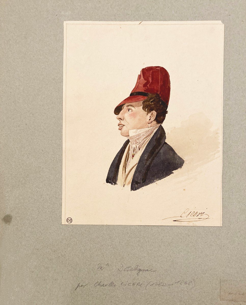 CICERI Charles (1782-1868) "Tête de dandy" Aquarelle, signé, Cachet de collection-photo-3