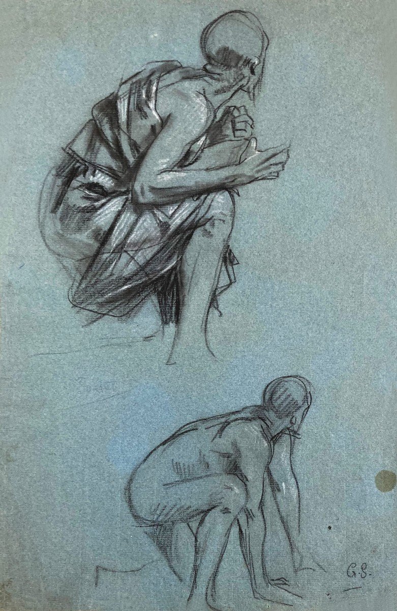 SURAND Gustave (1860-1937) "Homme agenouillé" Dessin/Crayon noir,craie blanche,Signé/monogramme