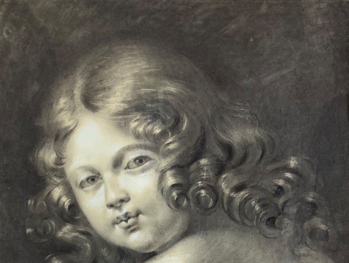 19th French School "child's Portrait" Drawing In Black Pencil And Heightened With White-photo-2