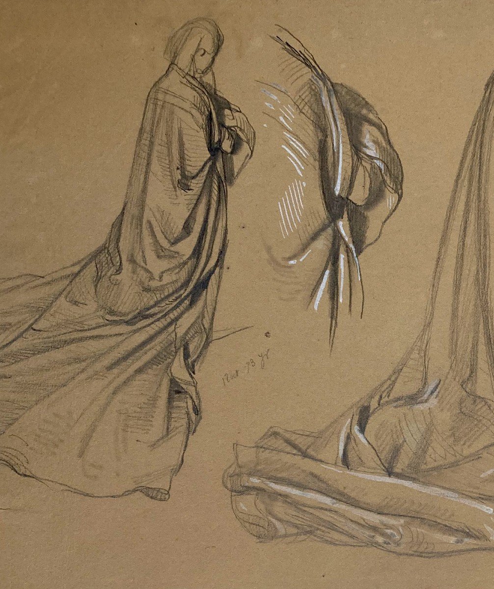 Zier François Edouard (1856-1924) "drapery Study" Drawing/black Pencil, White Gouache, Signed-photo-2