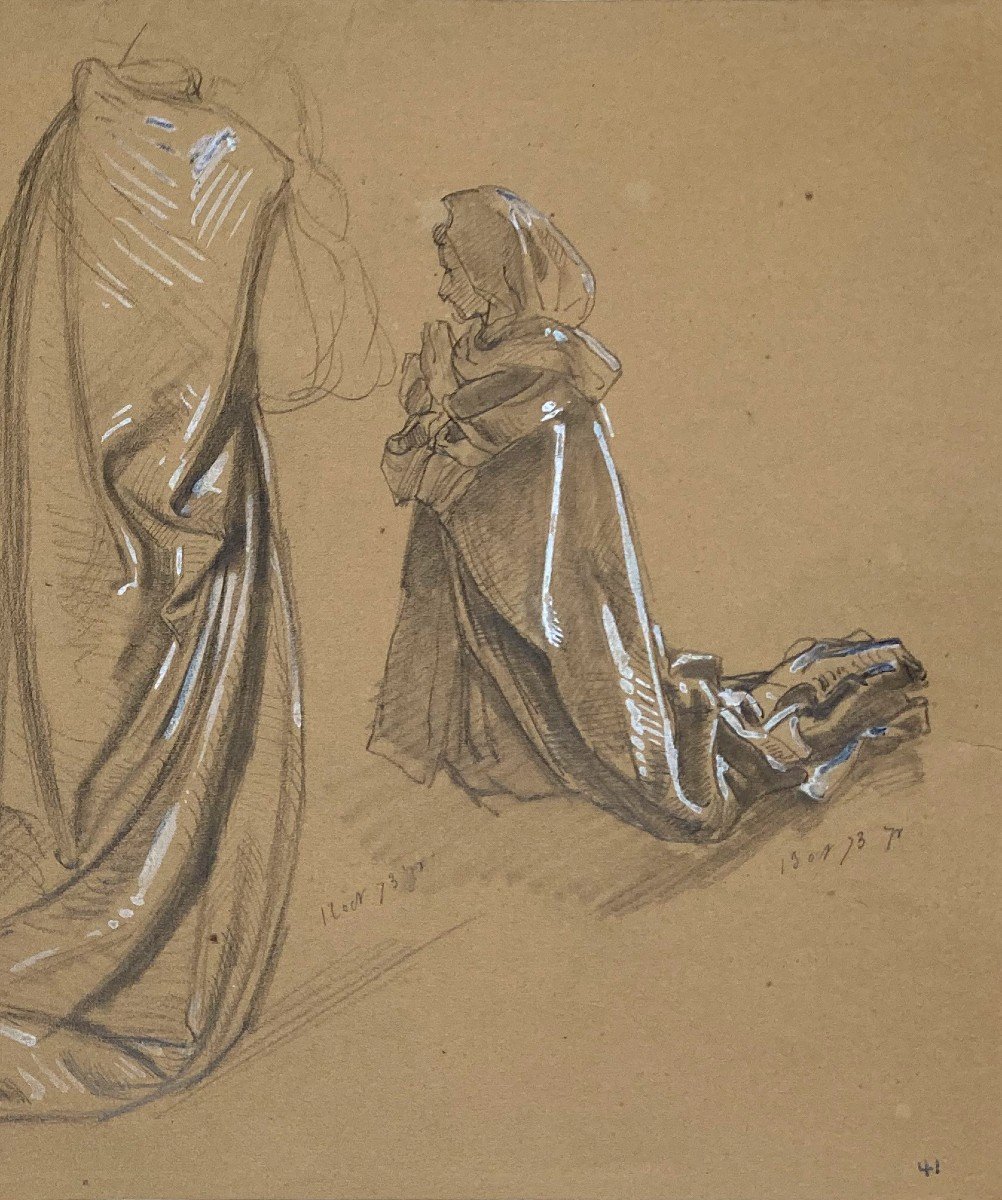 Zier François Edouard (1856-1924) "drapery Study" Drawing/black Pencil, White Gouache, Signed-photo-3