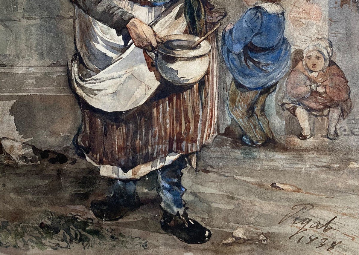 Pigal Jean Edmé (1798-1872) "street Scene" Watercolor, Signed And Dated-photo-3