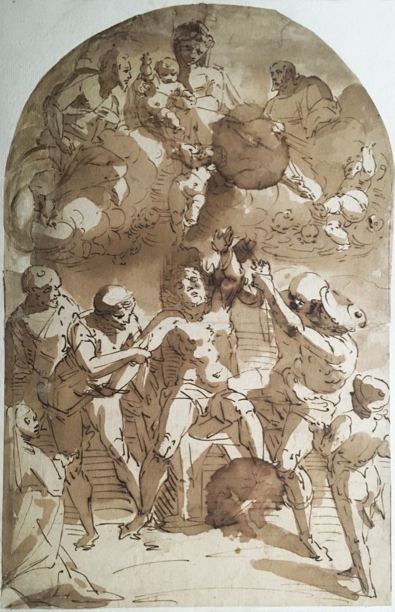 ECOLE ITALIENNE 16e, Attrib suggérée à Luca CAMBIASO "Saint Barthélemy" Dessin/Plume,lavis brun