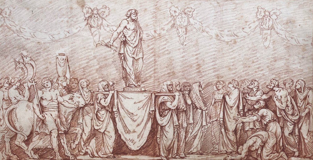 ECOLE FRANCAISE 18E "Jupiter porté en triomphe" Dessin au crayon sanguine