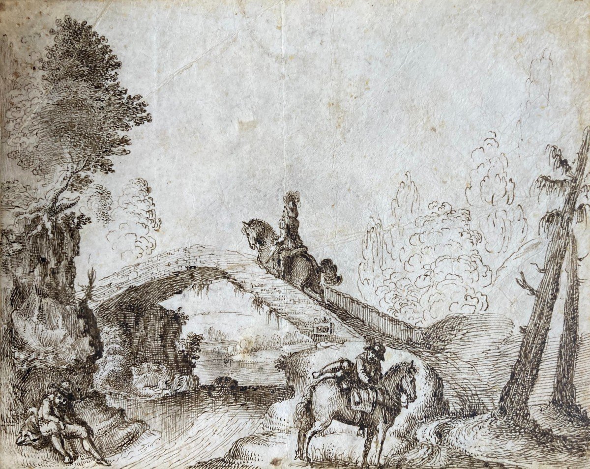 Italian School Florence 17th Century "character And Riders" Drawing / Pen On Vellum