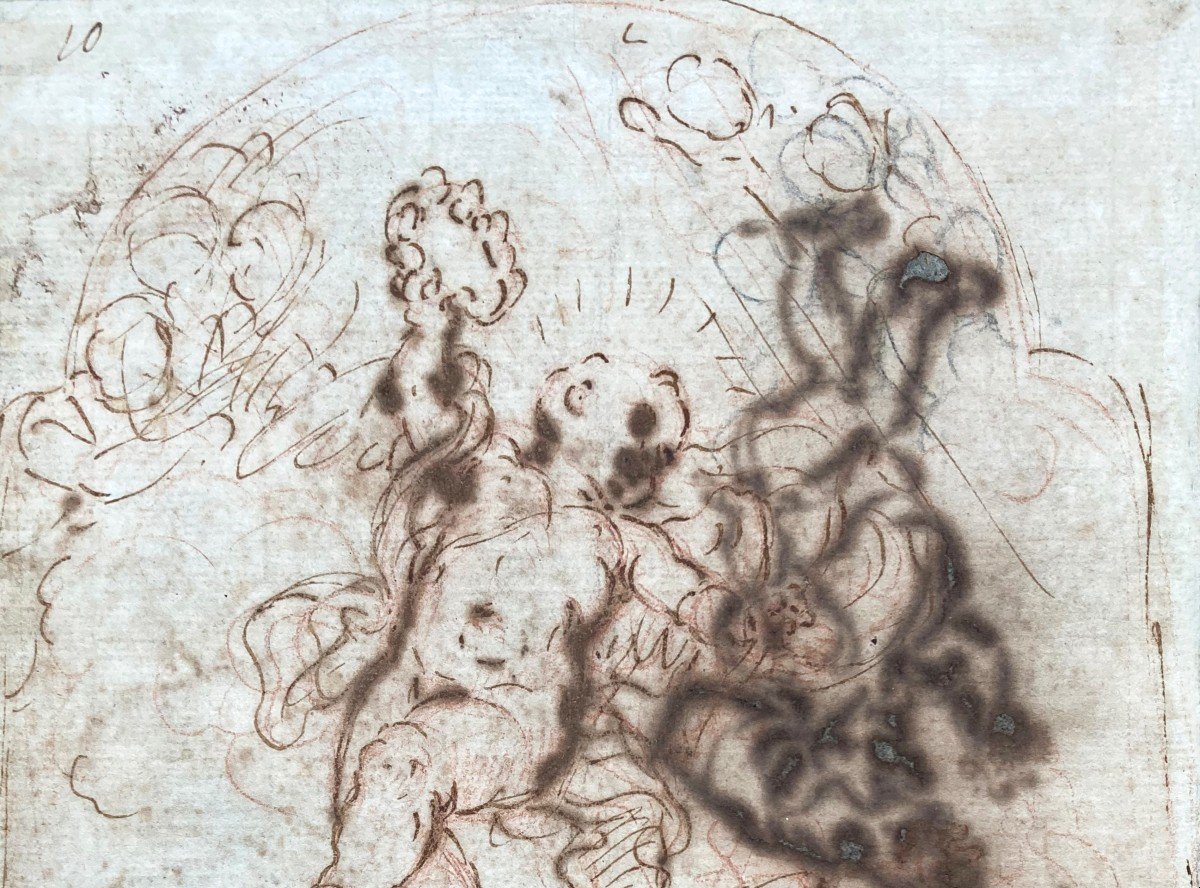 Passeri Giuseppe (1654-1714) "cherubs" Drawing / Red Pencil, Pen, Brown Wash, Signed-photo-2
