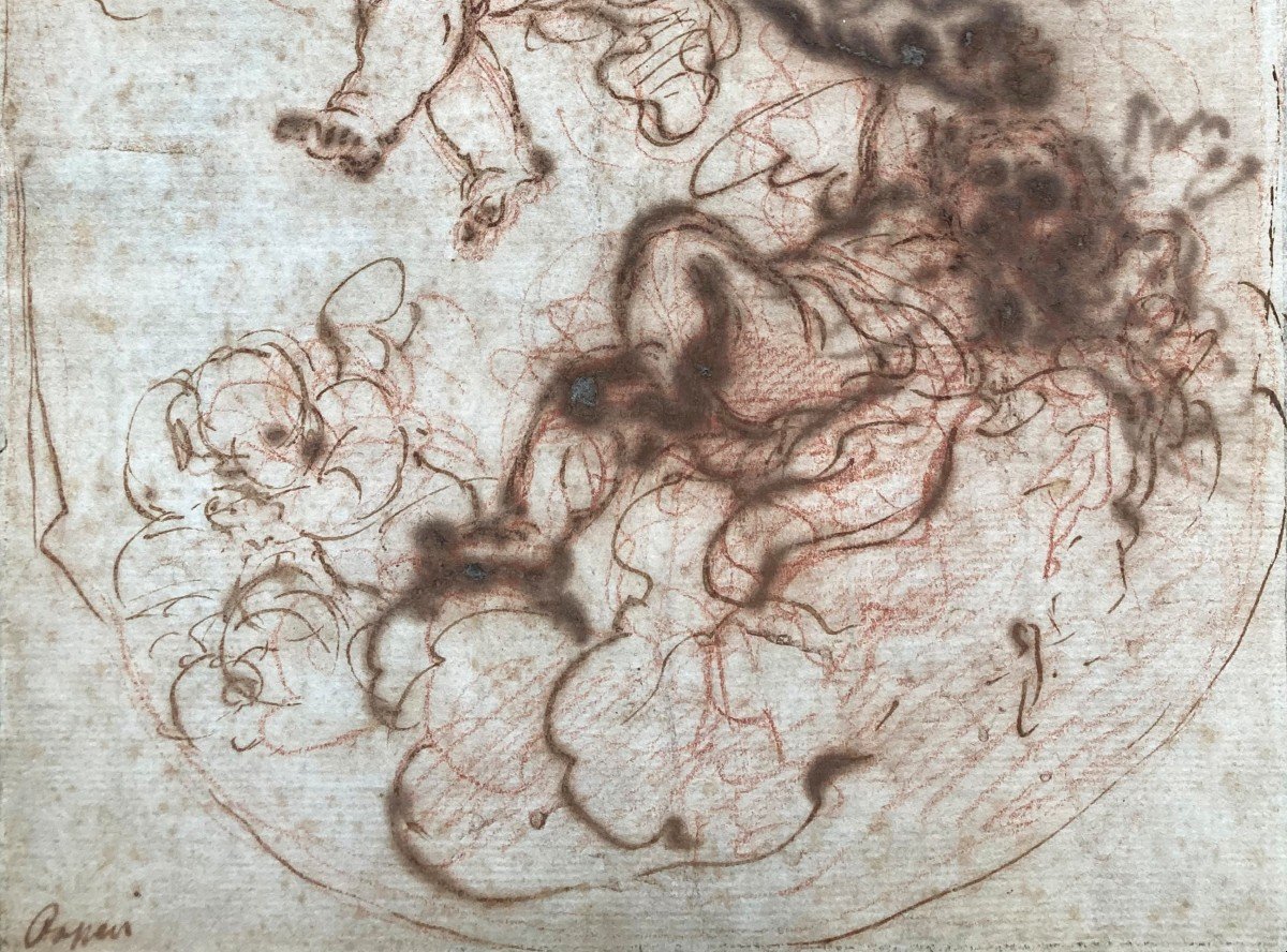 Passeri Giuseppe (1654-1714) "cherubs" Drawing / Red Pencil, Pen, Brown Wash, Signed-photo-3