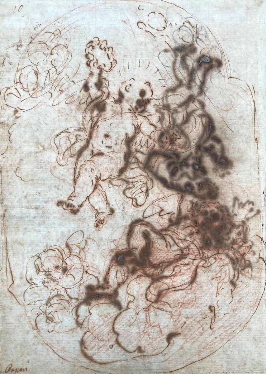 Passeri Giuseppe (1654-1714) "cherubs" Drawing / Red Pencil, Pen, Brown Wash, Signed