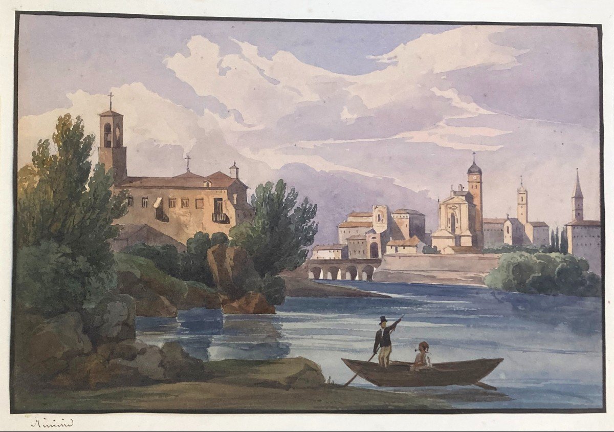 ECOLE FRANCAISE VERS 1820 "Vue de Rimini, Italie" Aquarelle-photo-4