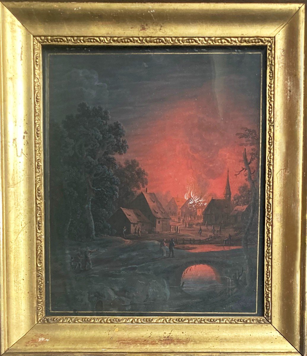 Dietzsch Johann Christoph (1710-1769) "a Fire" Gouache On Vellum, Gilt Wood Frame 19th