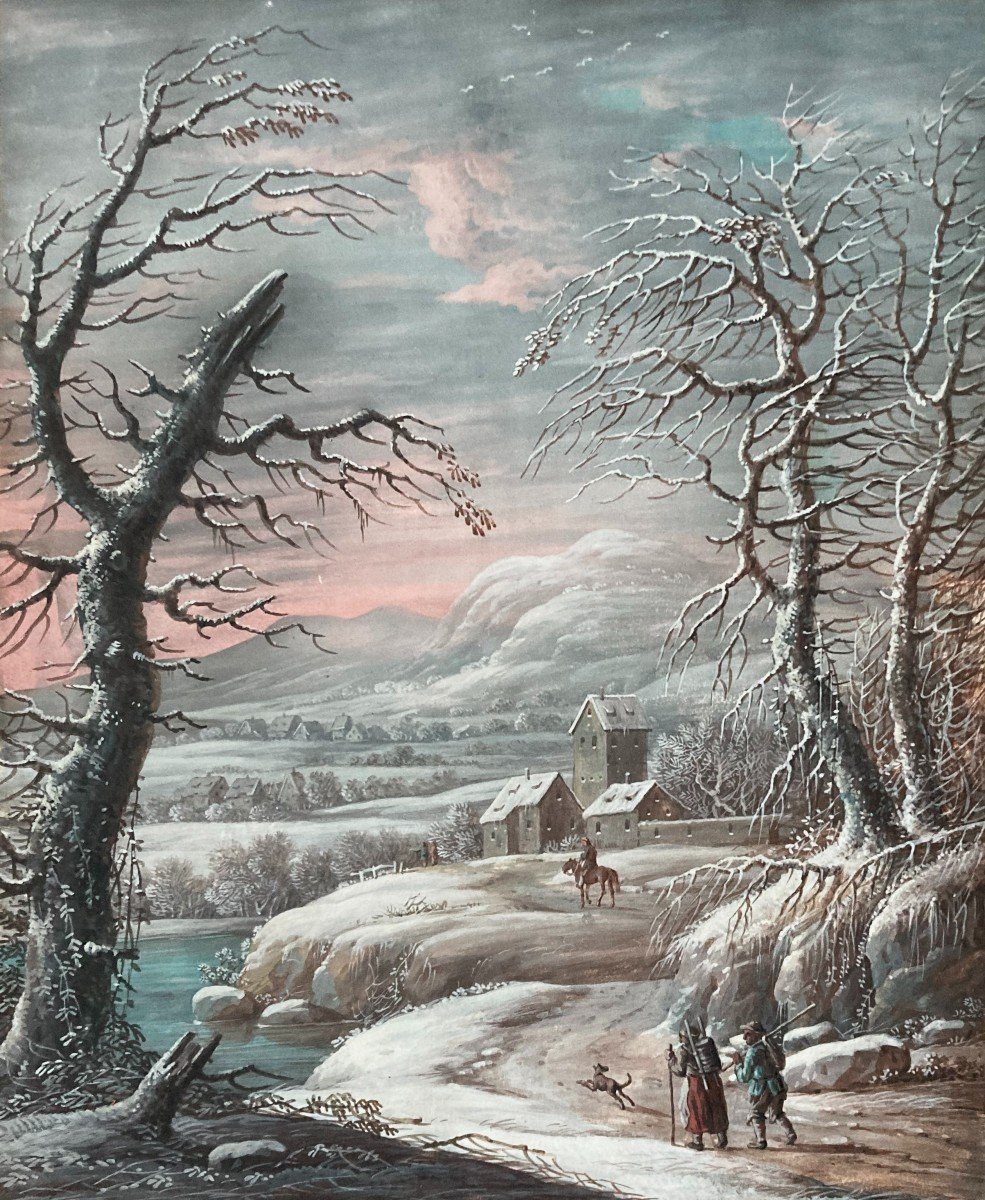 DIETZSCH Johann Christoph (1710-1769) "Paysage de neige" Gouache/vélin, Cadre en bois doré 19e-photo-2