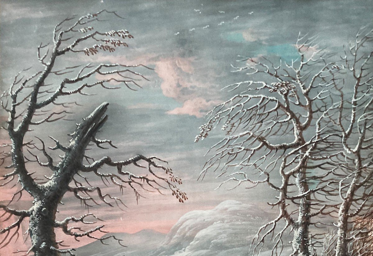 DIETZSCH Johann Christoph (1710-1769) "Paysage de neige" Gouache/vélin, Cadre en bois doré 19e-photo-3