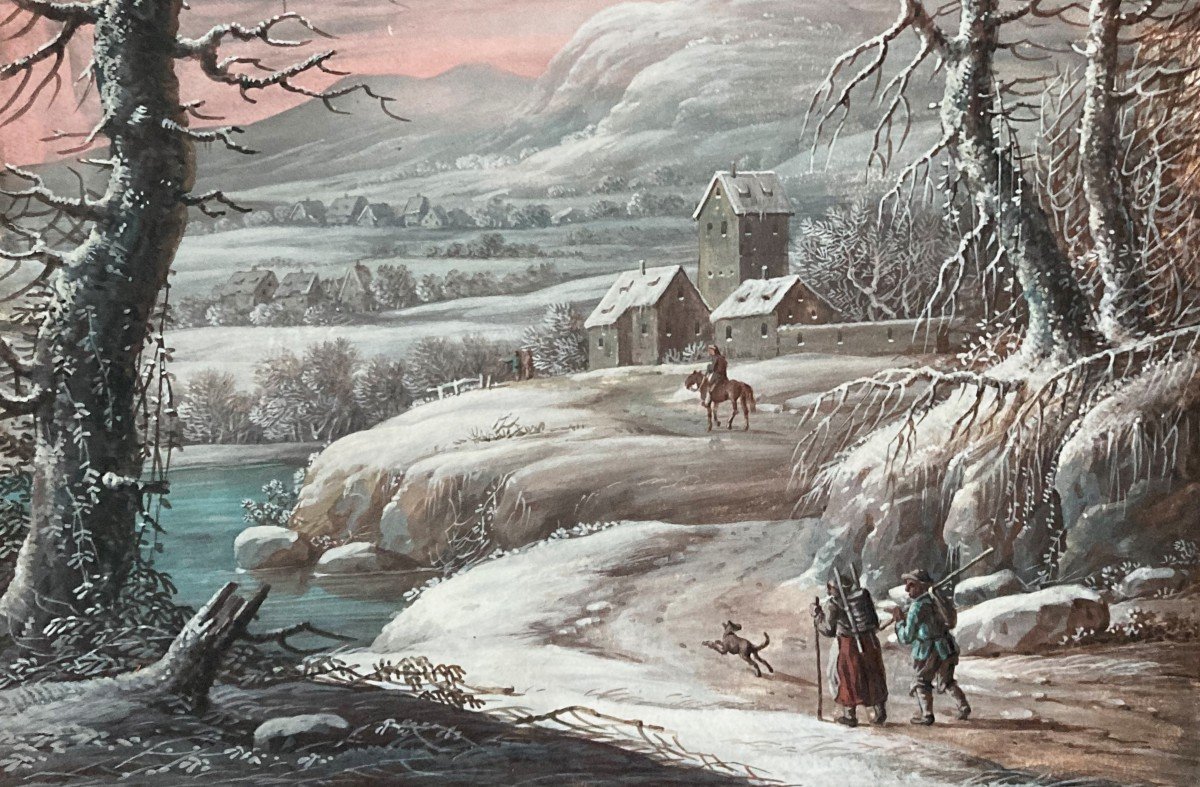 DIETZSCH Johann Christoph (1710-1769) "Paysage de neige" Gouache/vélin, Cadre en bois doré 19e-photo-4