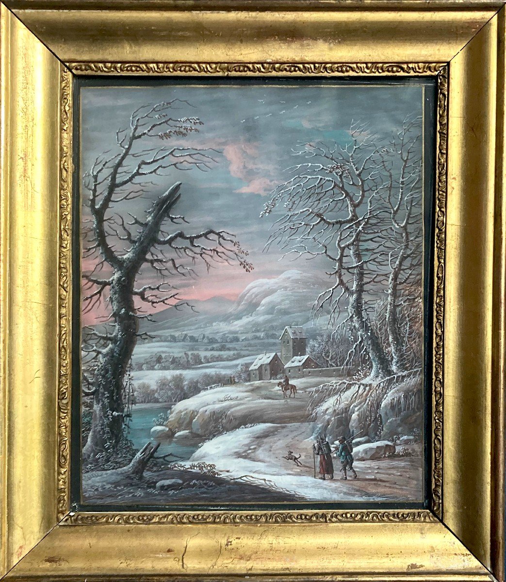 DIETZSCH Johann Christoph (1710-1769) "Paysage de neige" Gouache/vélin, Cadre en bois doré 19e