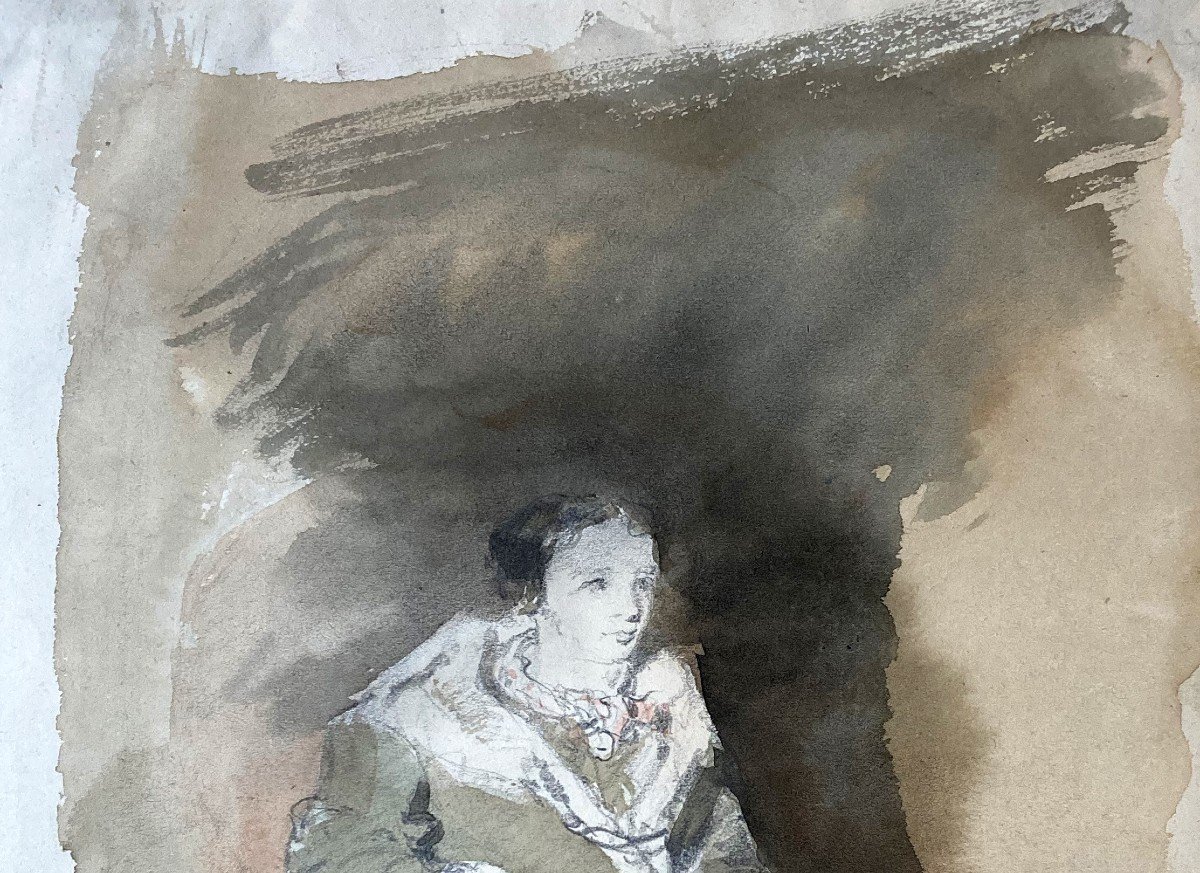 Ziem Félix (1821-1911) "seated Woman" Drawing/black Pencil, Watercolour, Signed/studio Stamp-photo-2