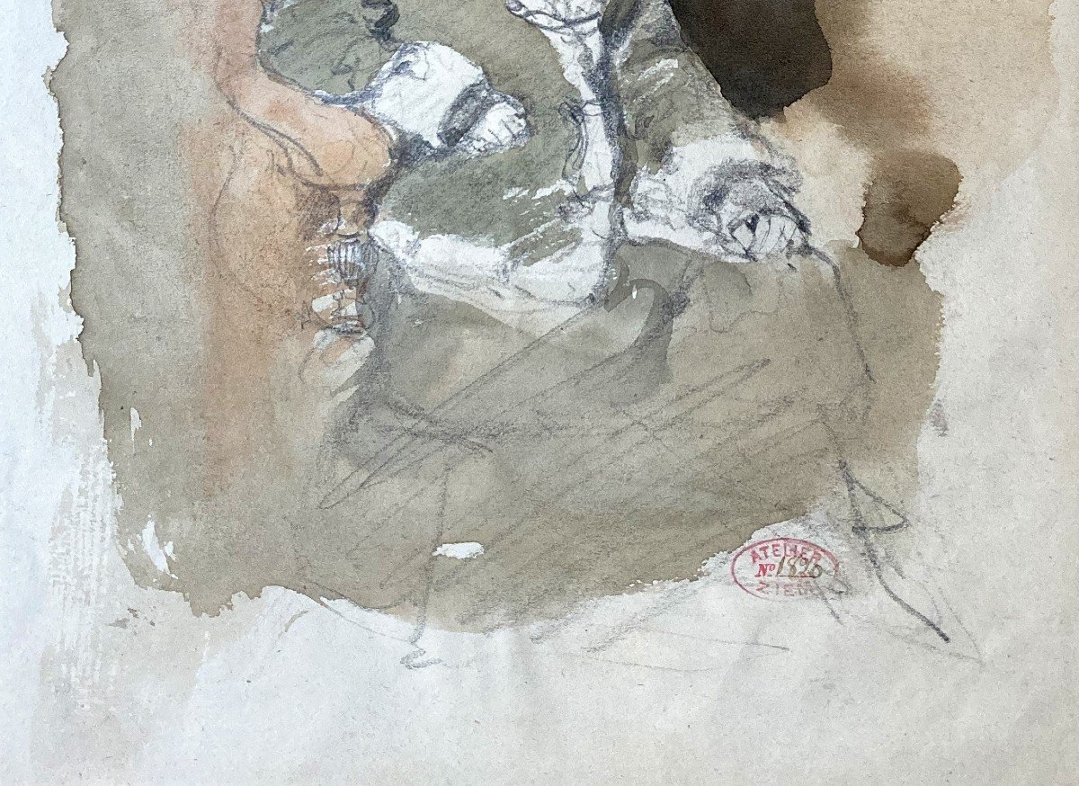 ZIEM Félix (1821-1911) "Femme assise" Dessin/Crayon noir, aquarelle, signé/cachet de l'atelier-photo-3