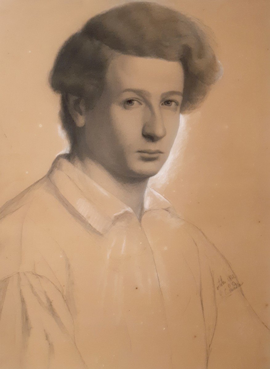Lecadre Théodore Constant (1821-1885) "portrait Of A Young Man" Drawing In Black Pencil, Signed