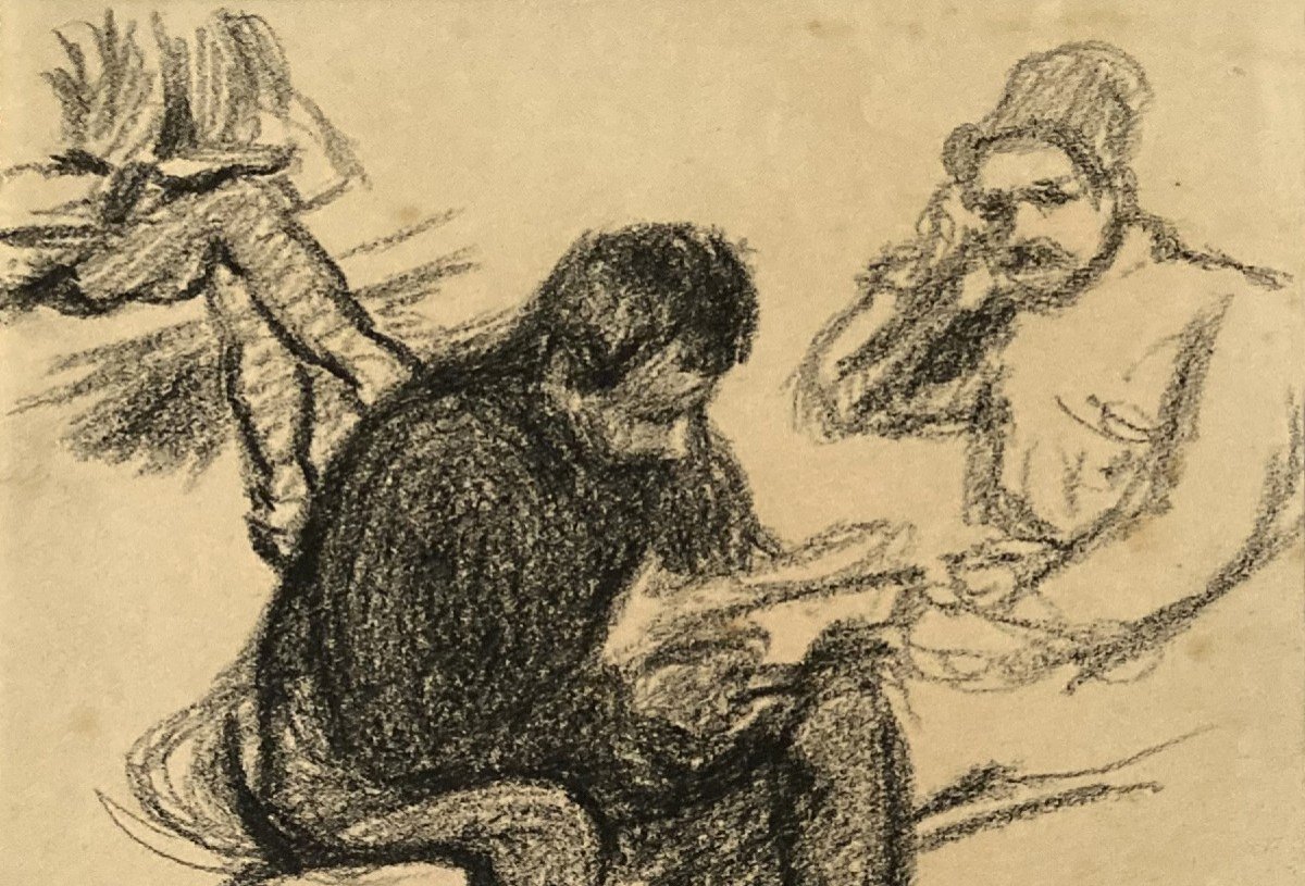 STEINLEN Théophile Alexandre (1859-1923) "Hommes assis lisant" Dessin/Crayon noir, Monogramme-photo-2