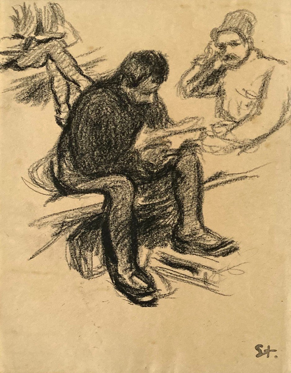 STEINLEN Théophile Alexandre (1859-1923) "Hommes assis lisant" Dessin/Crayon noir, Monogramme