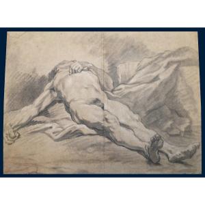 French School 18th Century "academy Of Reclining Man" Drawing In Black Chalk And White Chalk