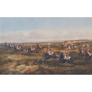 NORIE Orlando (1832-1901) "La cavalerie britannique au galop" Gouache, Signé