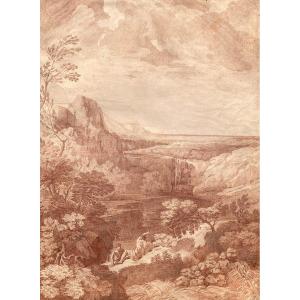 French School 18th "landscape At The River" Drawing/red Chalk, Attribution To Louis Chays