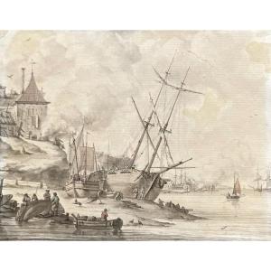 Flemish School 18th Century "landscape With Boats" Drawing/pen, Gray Wash, Watercolor