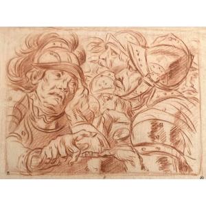 Parrocel Charles (1688-1752) "soldiers" Drawing/red Chalk, Provenance/2 Stamps