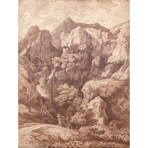 French School 18th Century "landscape With Rocks" Drawing In Red Chalk, Attribution To Louis Chays