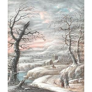 Agricola Christoph Ludwig (1665-1719) "animated Landscape Under The Snow" Gouache/vellum, Frame