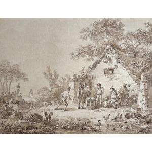 Leprince Jean-baptiste (1734-1781) "characters In Front Of A Cottage" Drawing/pen, Brown Wash