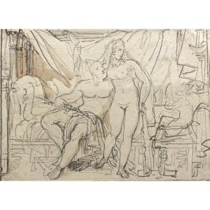 Gerard François (1770-1837) "hercules And Omphale" Drawing/black Chalk And Brown Wash