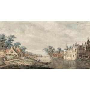 Verrijk Dirk (1734-1786) Dutch School "landscape At The River" Drawing/pen, Watercolour, Signed