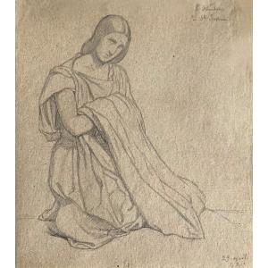 FLANDRIN Paul (1811-1902)"Sainte femme agenouillée"Dessin/Crayon noir, Signé, église St Séverin