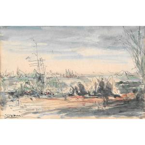 ZIEM Félix (1821-1911) "Paysage marin" Dessin à la plume et aquarelle, signé